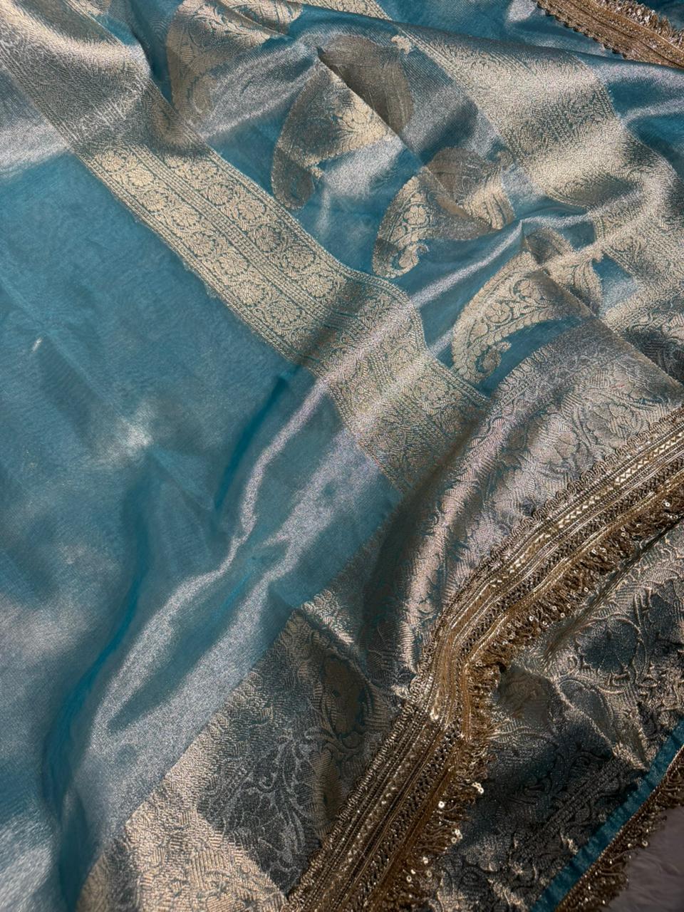 Metallic Green Tissue Silk Zari Jacquard Lace Work Banarasi Saree