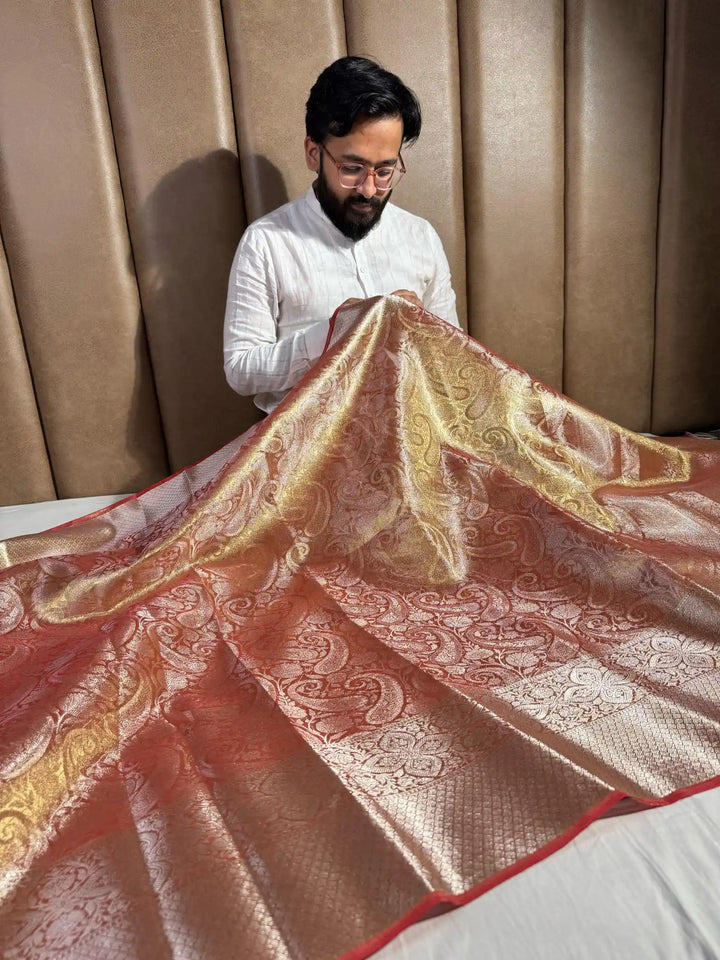 Metallic Orange Glass Tissue Silk Saree with Rich Pallu and Blouse