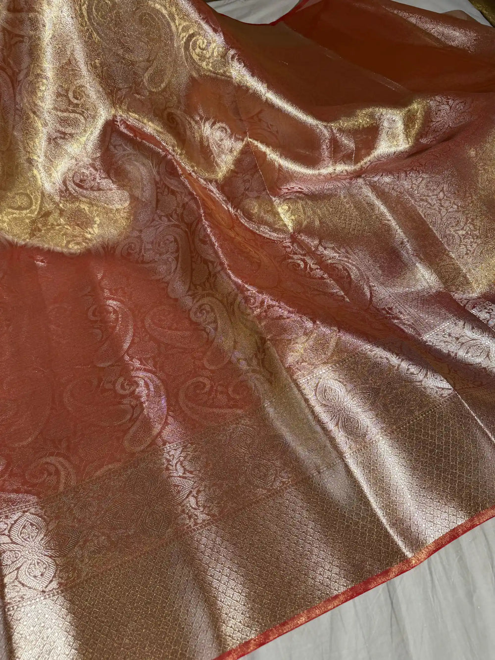 Metallic Orange Glass Tissue Silk Saree with Rich Pallu and Blouse