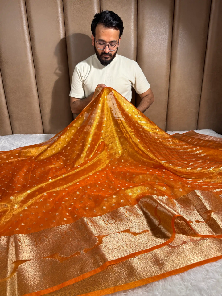 Metallic Orange Tissue Silk Eccentric Traditional Weave Banarasi Saree