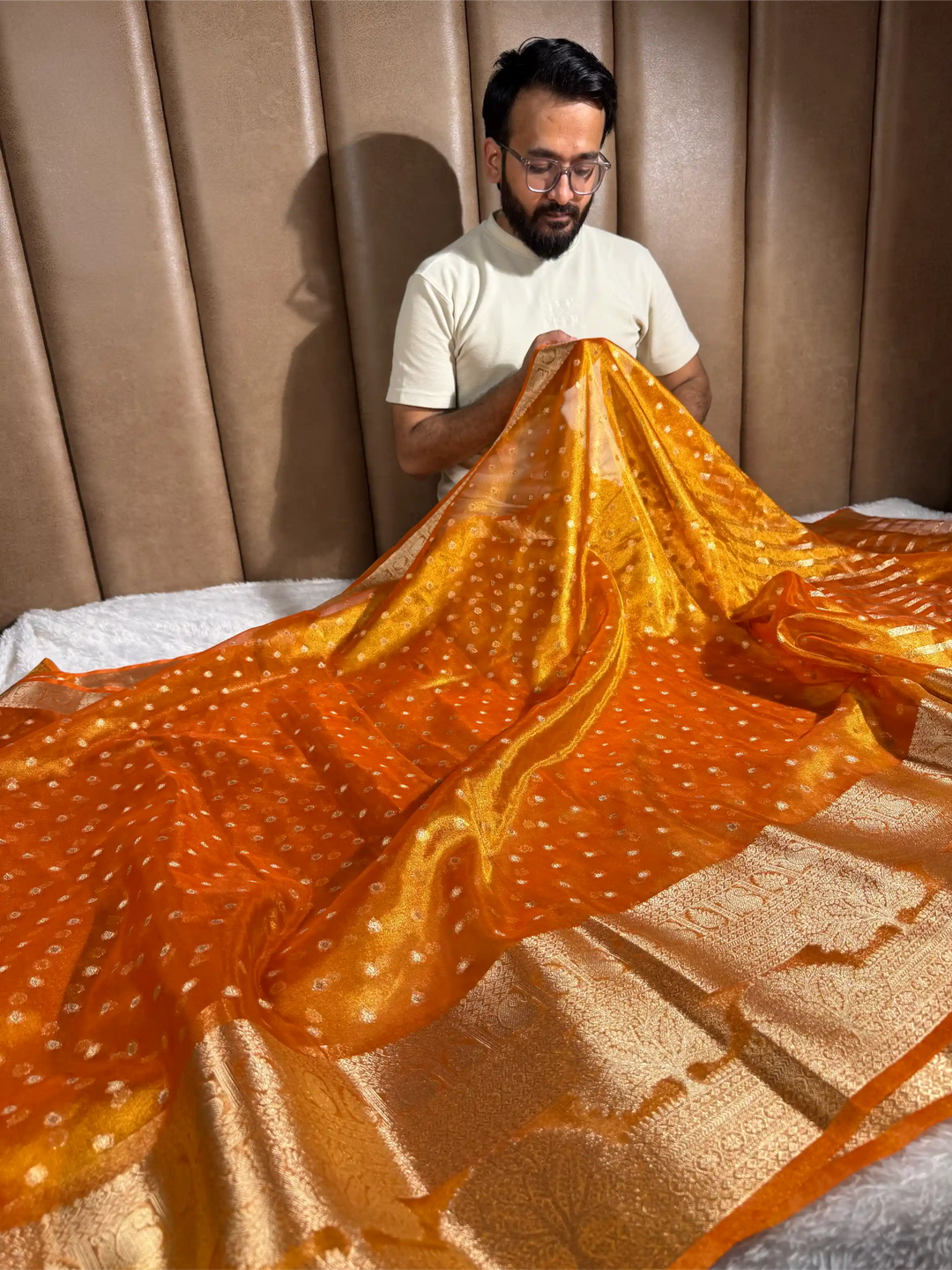 Metallic Orange Tissue Silk Eccentric Traditional Weave Banarasi Saree