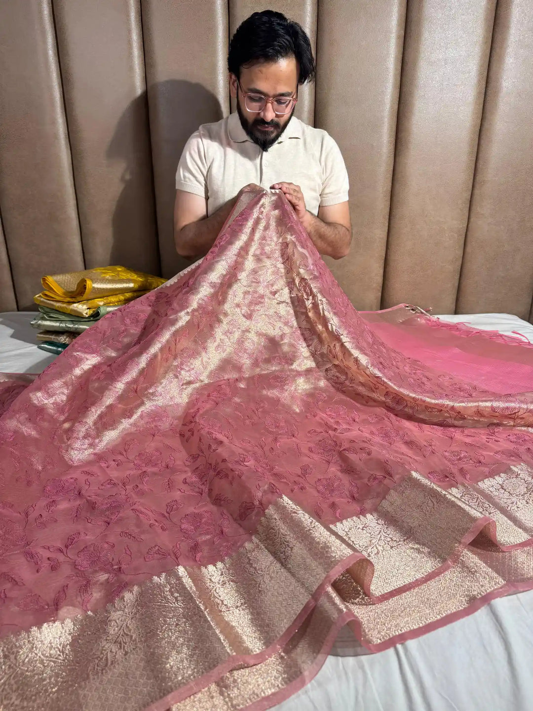 Metallic Pink Banarasi Tissue Chikankari Saree with Rich Pallu & Blouse