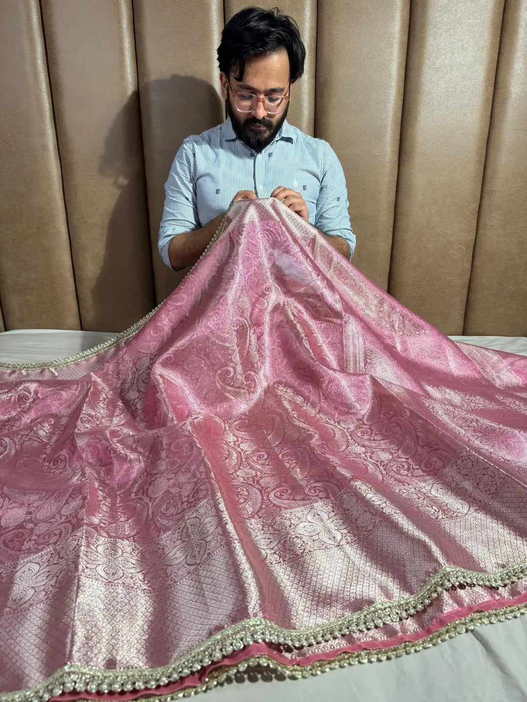 Metallic Pink Nita Ambani Mam inspired tissue silk saree with heavy jarkan lace work