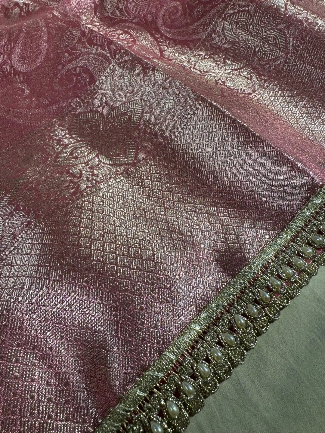 Metallic Pink Nita Ambani Mam inspired tissue silk saree with heavy jarkan lace work