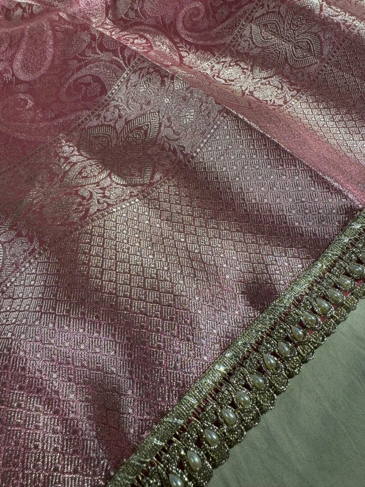 Metallic Pink Nita Ambani Mam inspired tissue silk saree with heavy jarkan lace work