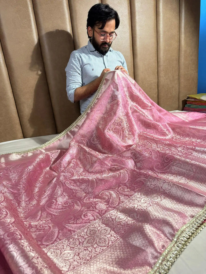 Metallic Pink Nita Ambani Mam inspired tissue silk saree with heavy jarkan lace work