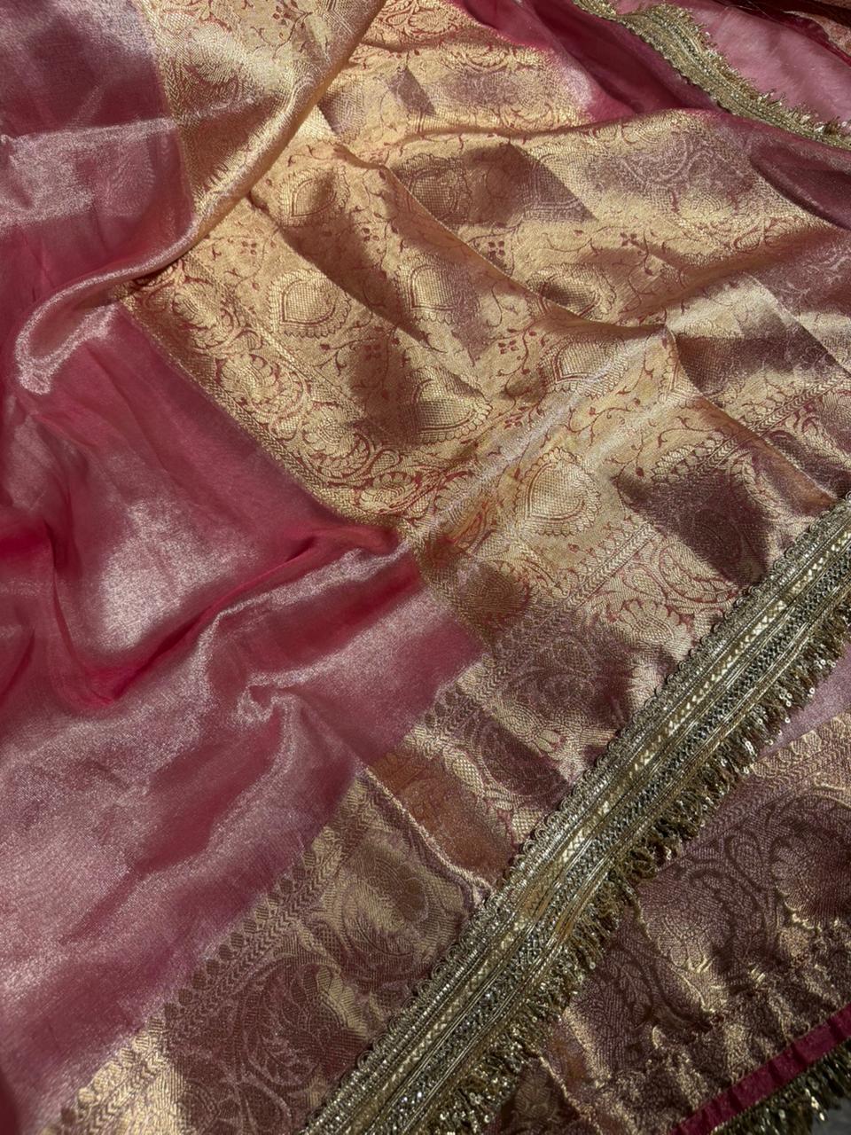 Metallic Pink Tissue Silk Zari Jacquard Lace Work Banarasi Saree