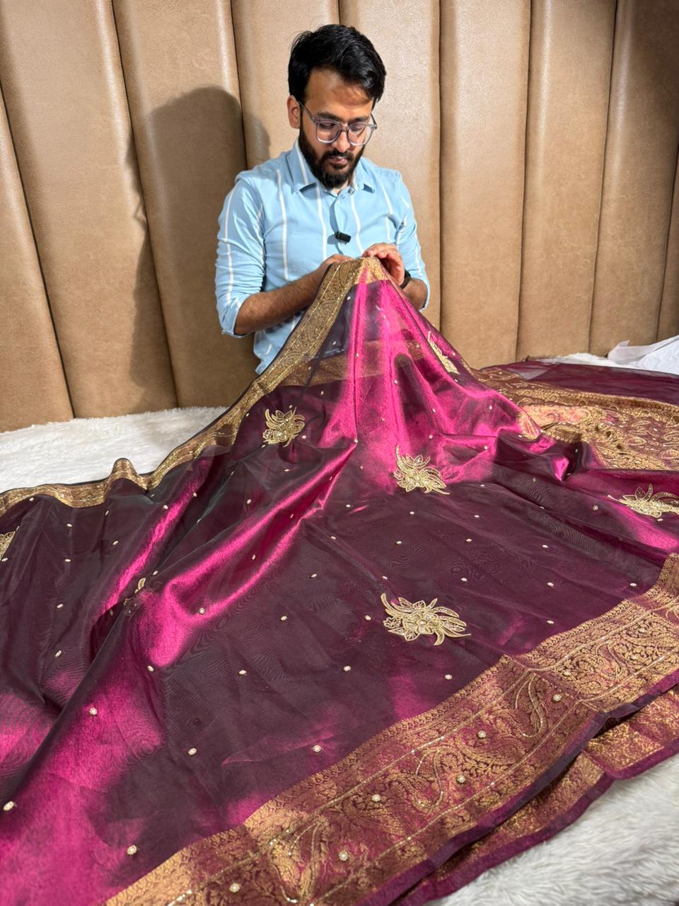 Metallic Violet Kora Tissue Handwork Banarasi Saree