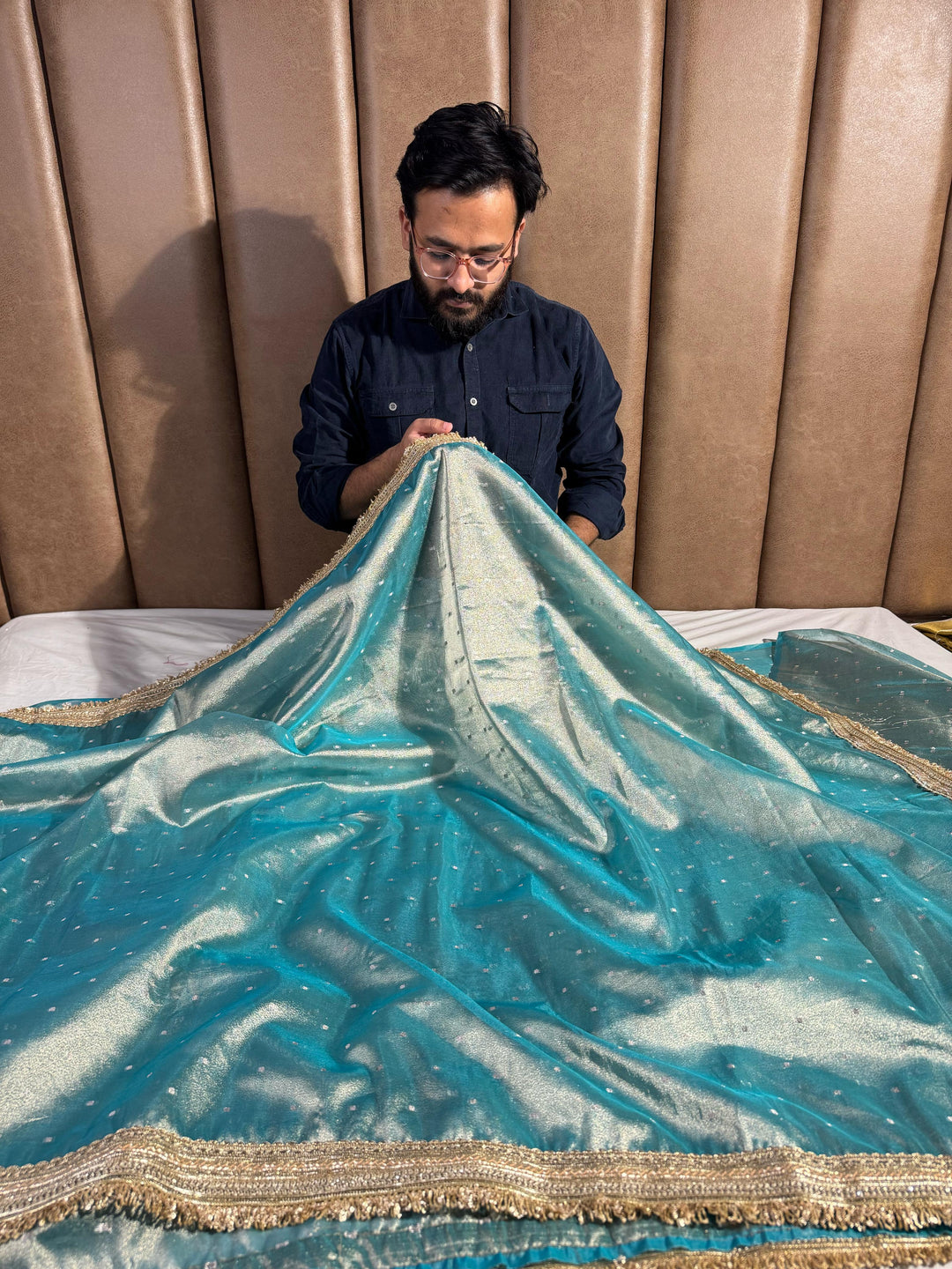 Metallic Blue Tissue Silk Saree with Heavy Lace Work