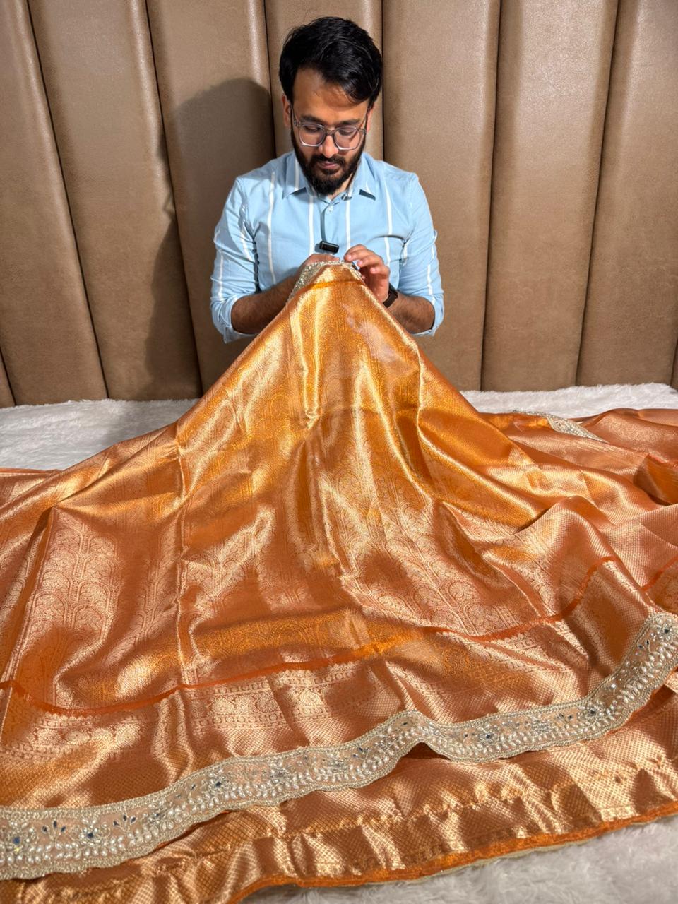 Metallic Orange Tissue Kanjivaram Brocade Heavy Gota Lace Attached Banarasi Saree