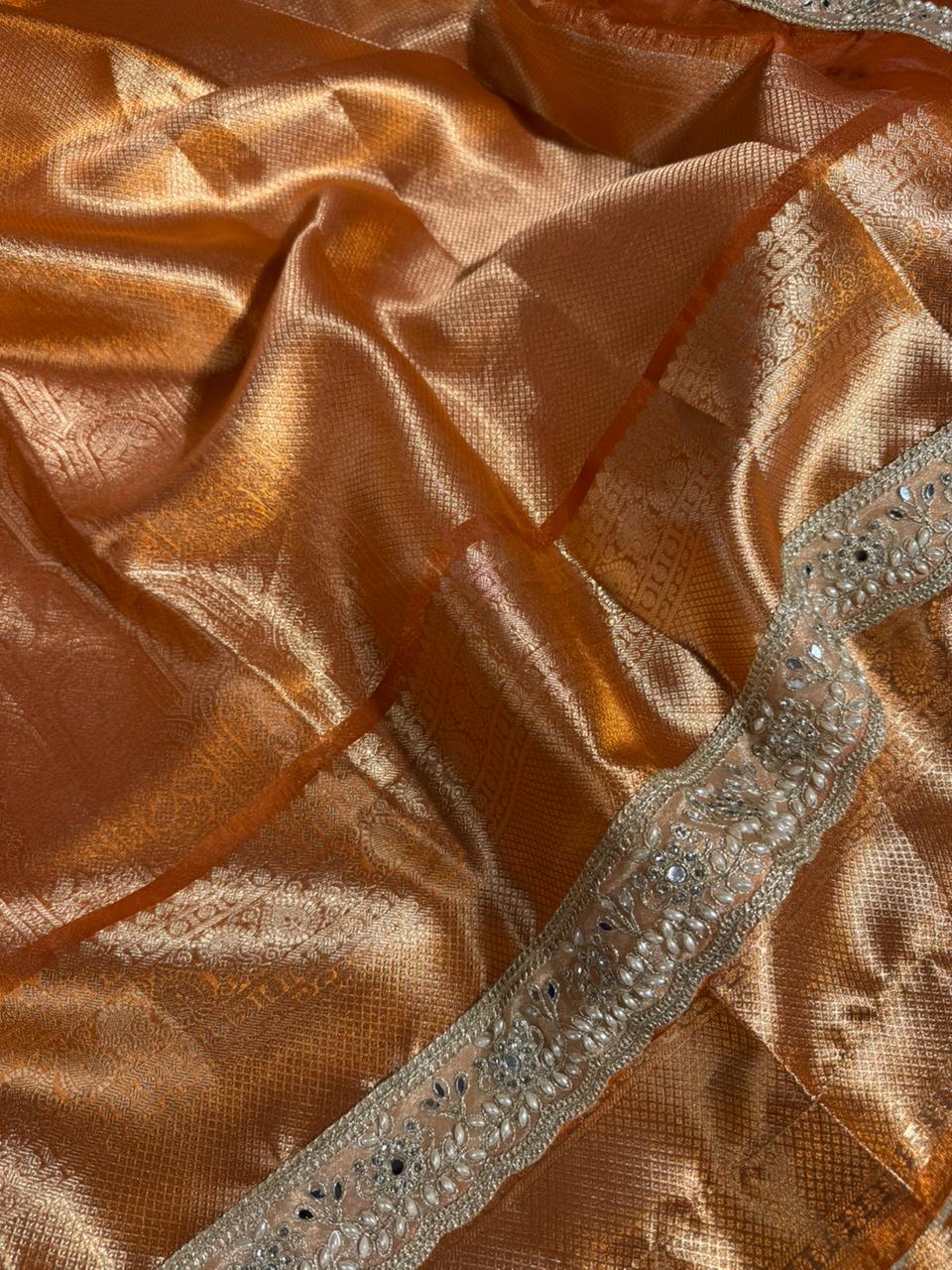 Metallic Orange Tissue Kanjivaram Brocade Heavy Gota Lace Attached Banarasi Saree