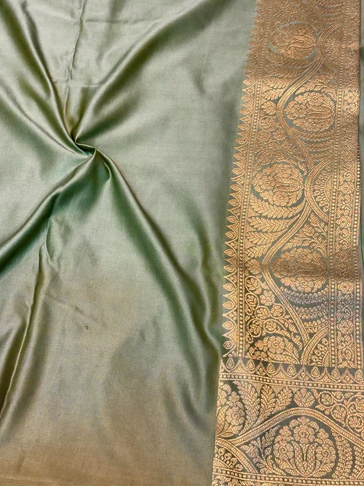 Moss Green Handbrush Painted Mashru Katan Silk Banarasi Saree