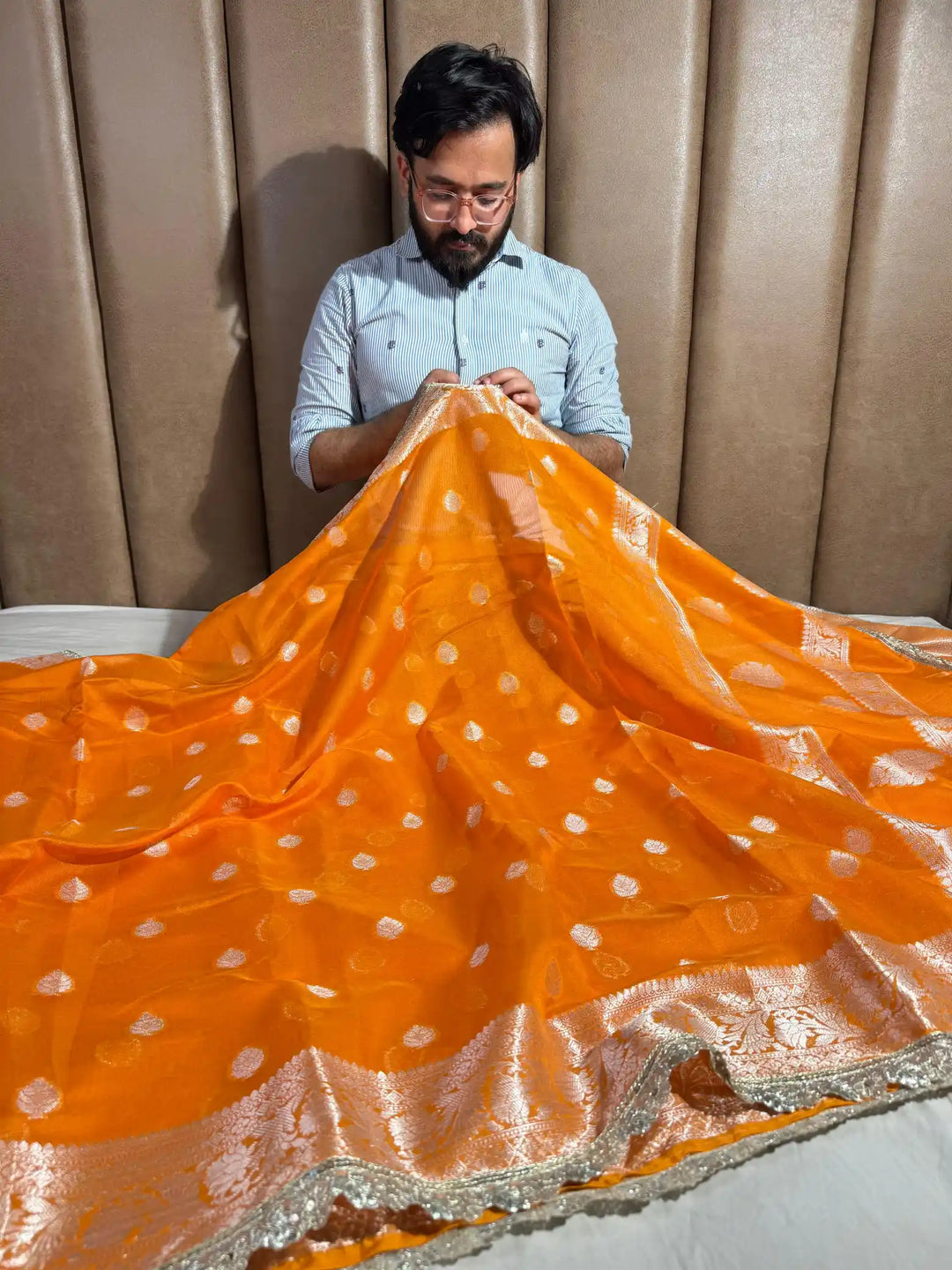 Most Popular Orange Banarasi Khaddi Buti Soft Silk Saree with Lace Work