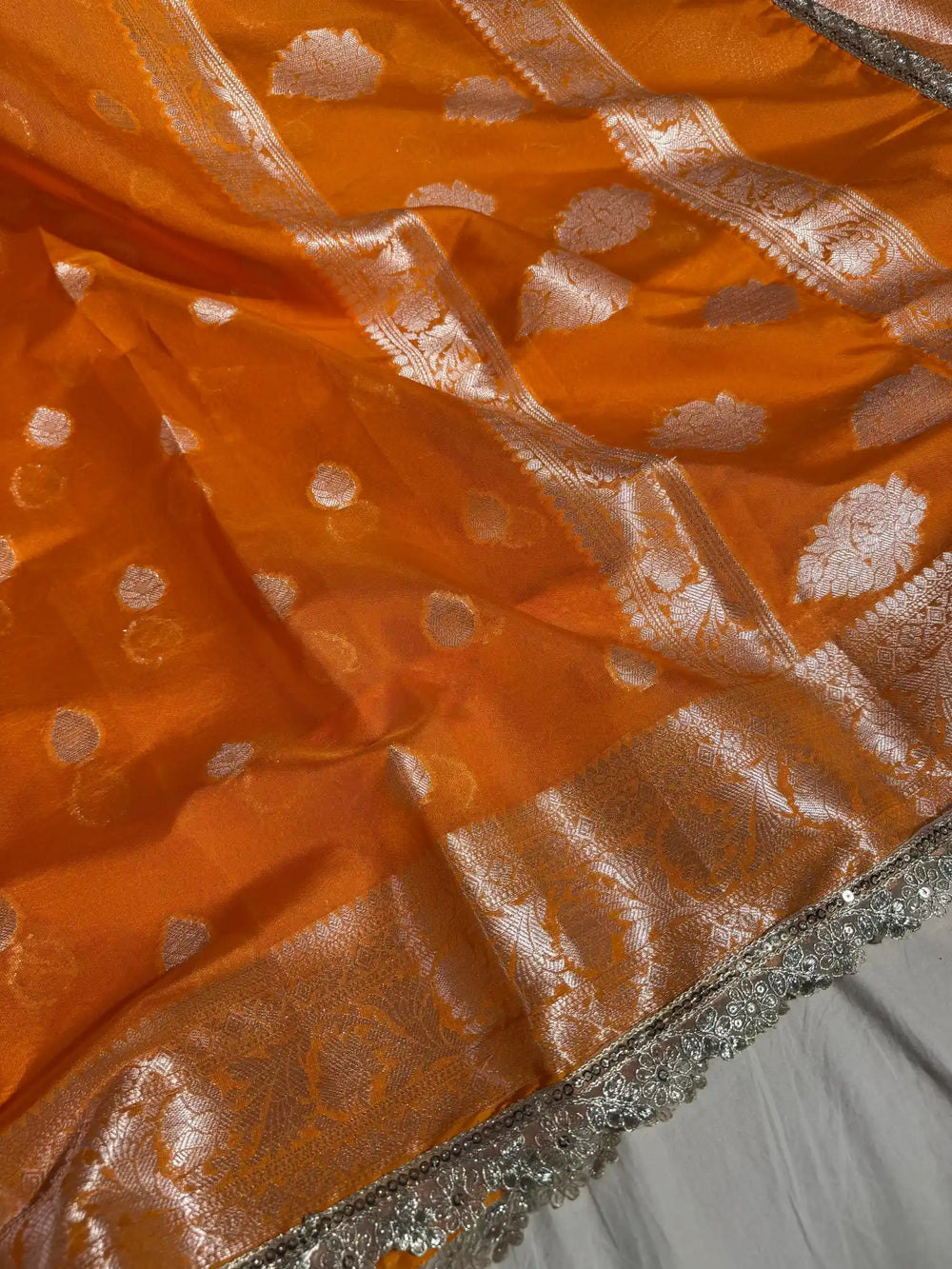 Most Popular Orange Banarasi Khaddi Buti Soft Silk Saree with Lace Work