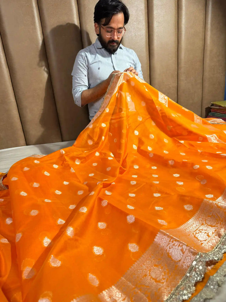Most Popular Orange Banarasi Khaddi Buti Soft Silk Saree with Lace Work