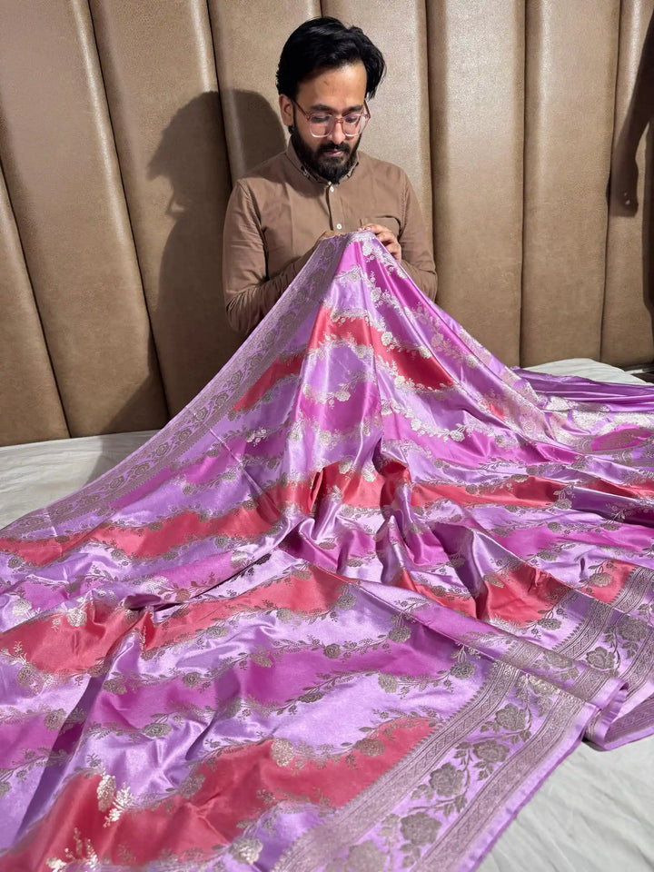 Multicolour Banarasi Mashru Katan Silk Handbrush Saree with Rich Pallu and Blouse