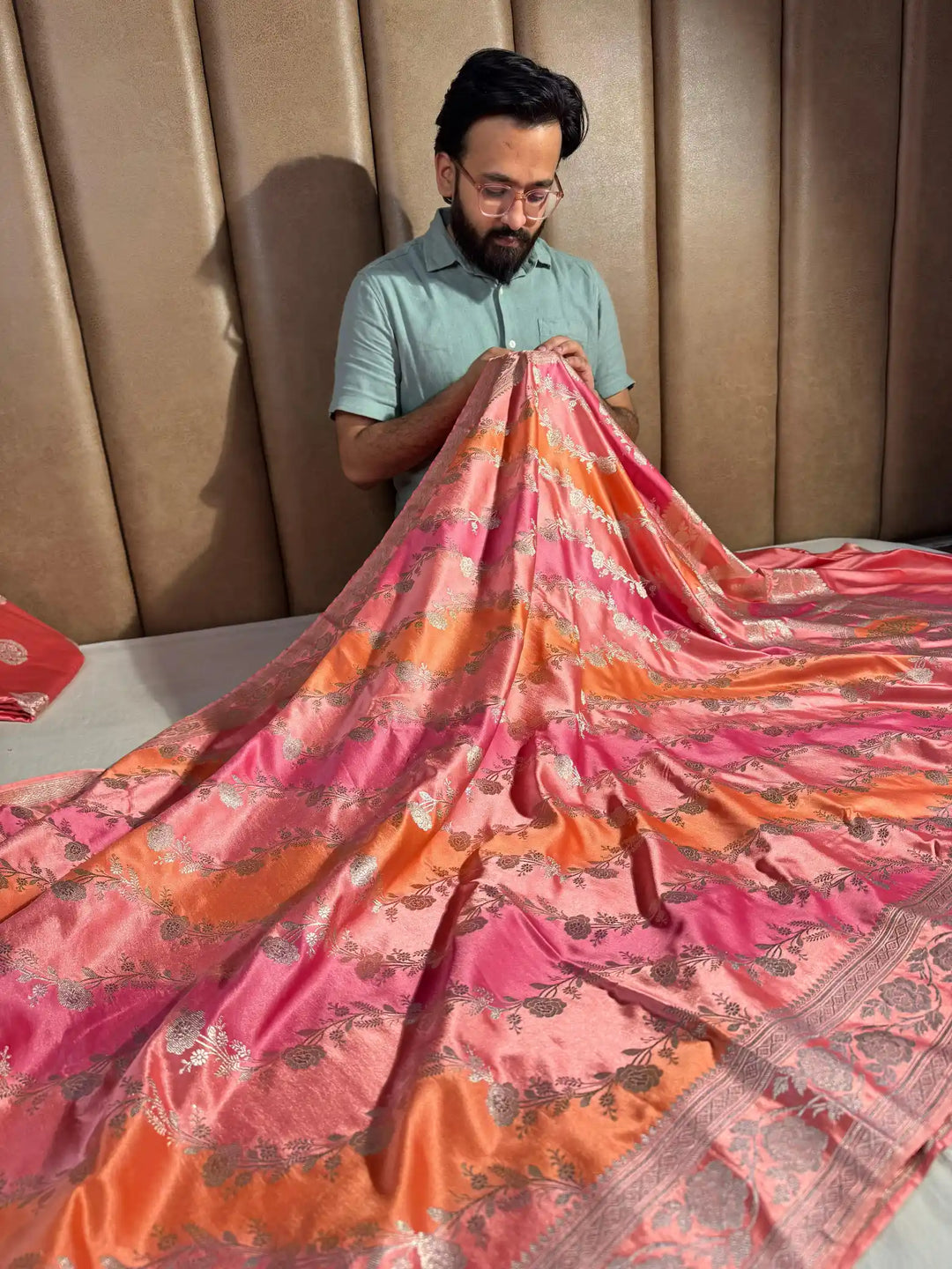 Multicolour Banarasi Mashru Katan Silk Handbrush Saree with Rich Pallu and Blouse