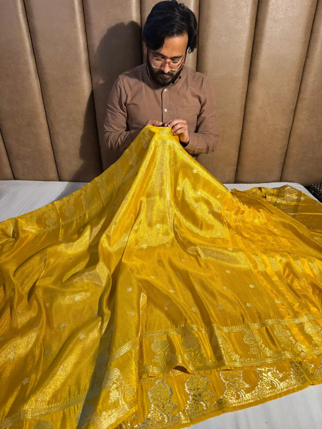 Mustard Yellow Breathable Katan Tissue Silk Saree with Rich Pallu and Blouse