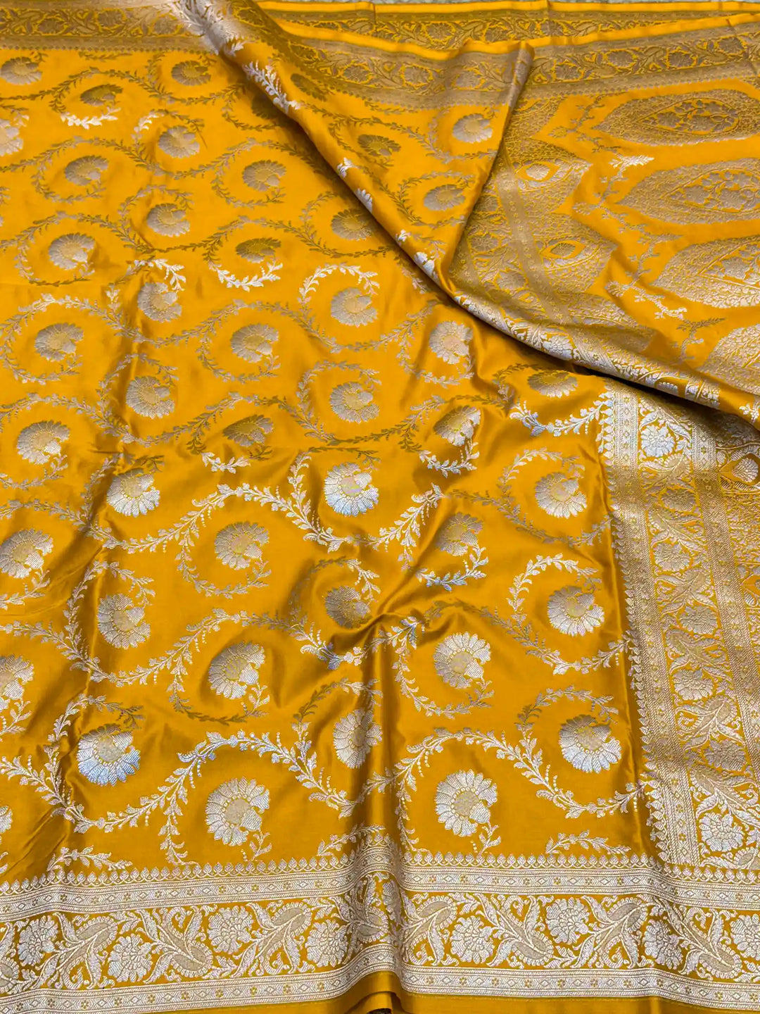 Mustard Yellow Floral Jaal Weave Mashru Katan Silk Saree