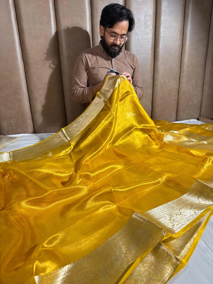 Mustard colour Pure Banarasi tissue silk saree rich pallu