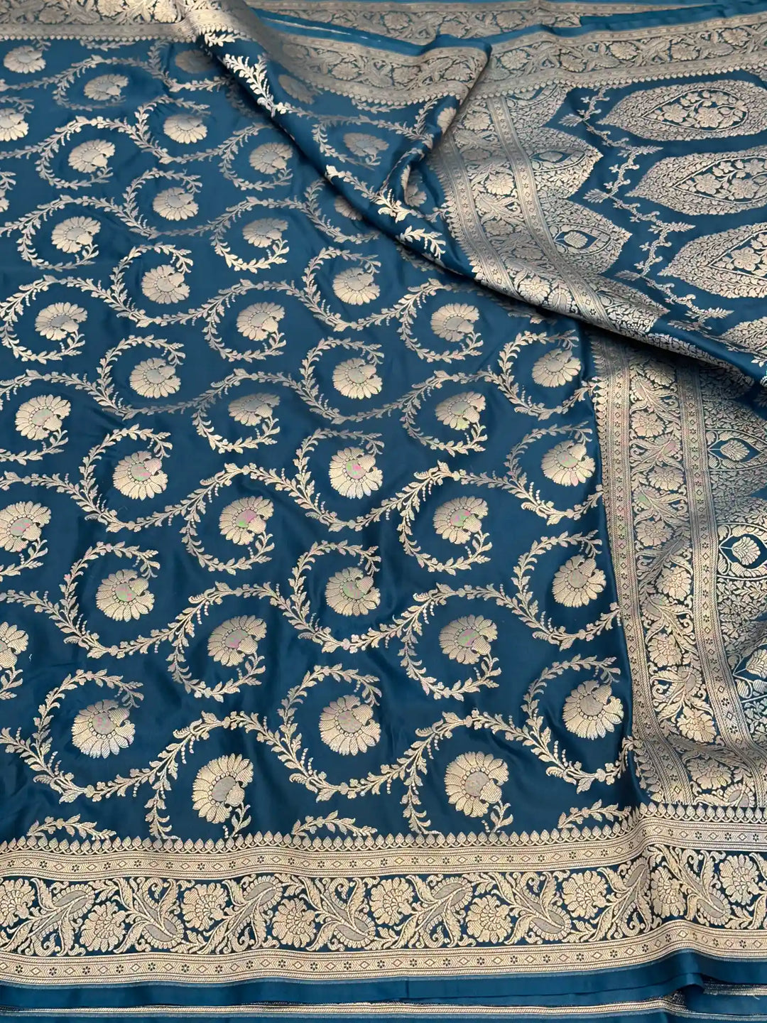 Navy Blue Floral Jaal Weave Mashru Katan Silk Saree