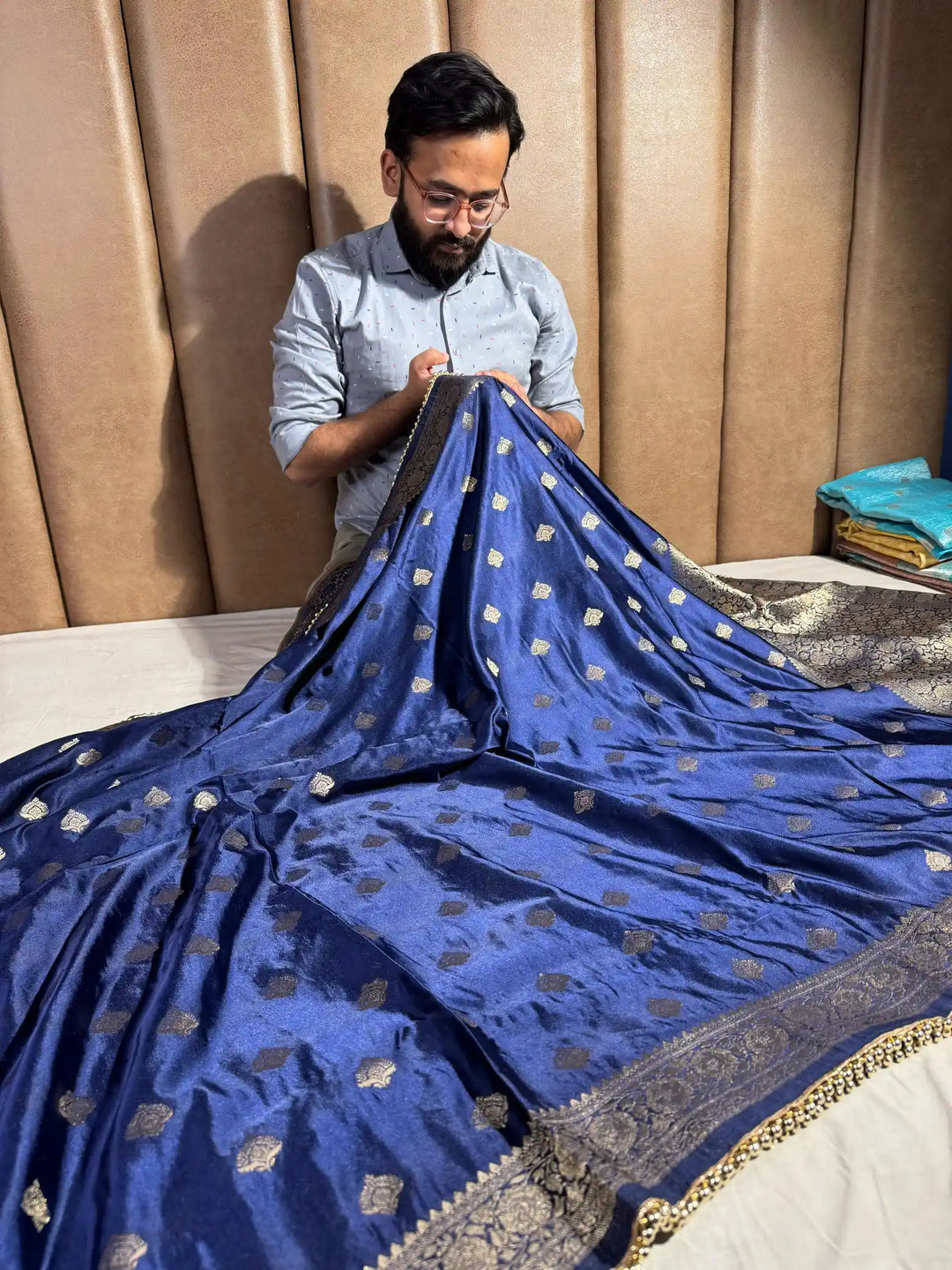 Navy Blue Mashru Silk Lace Work Saree