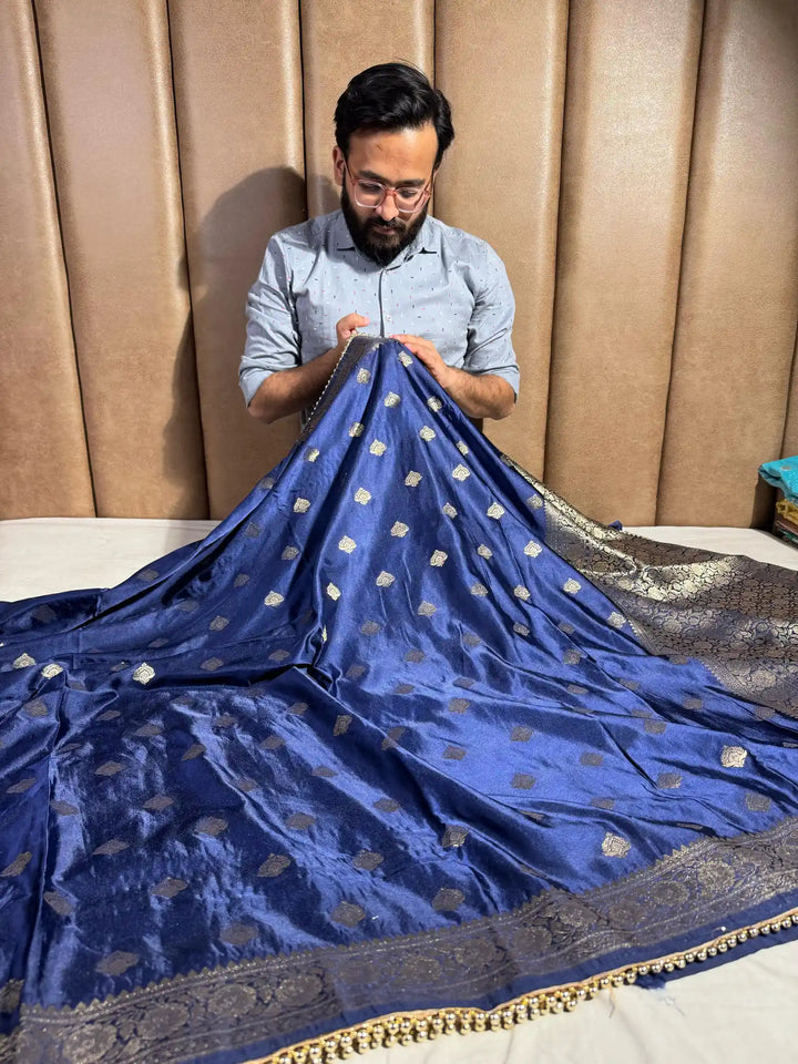 Navy Blue Mashru Silk Lace Work Saree