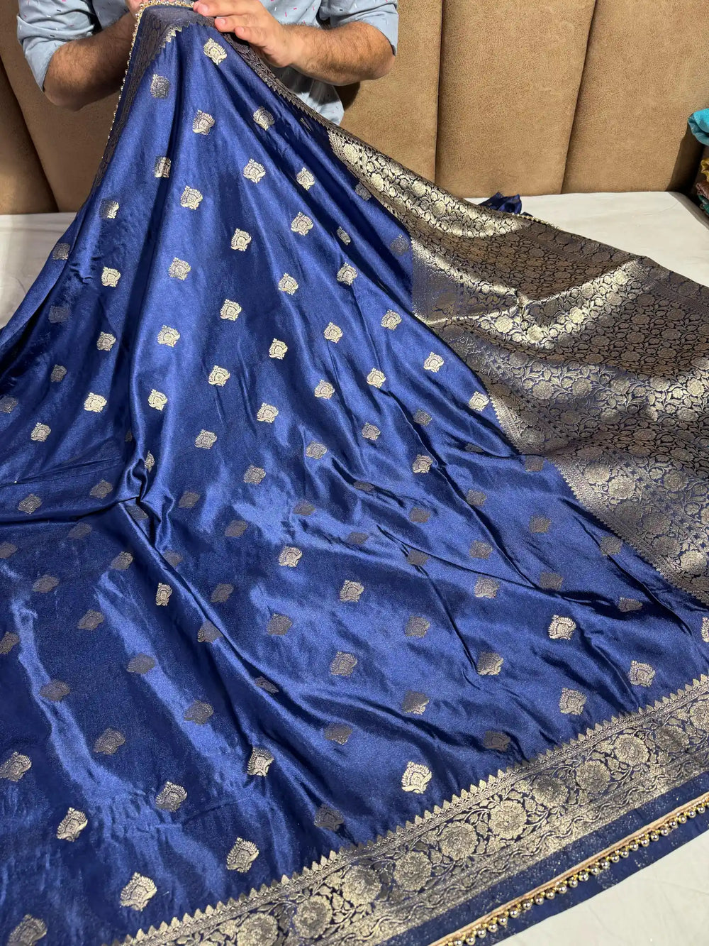 Navy Blue Mashru Silk Lace Work Saree