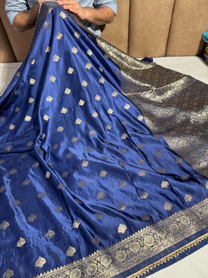 Navy Blue Mashru Silk Lace Work Saree