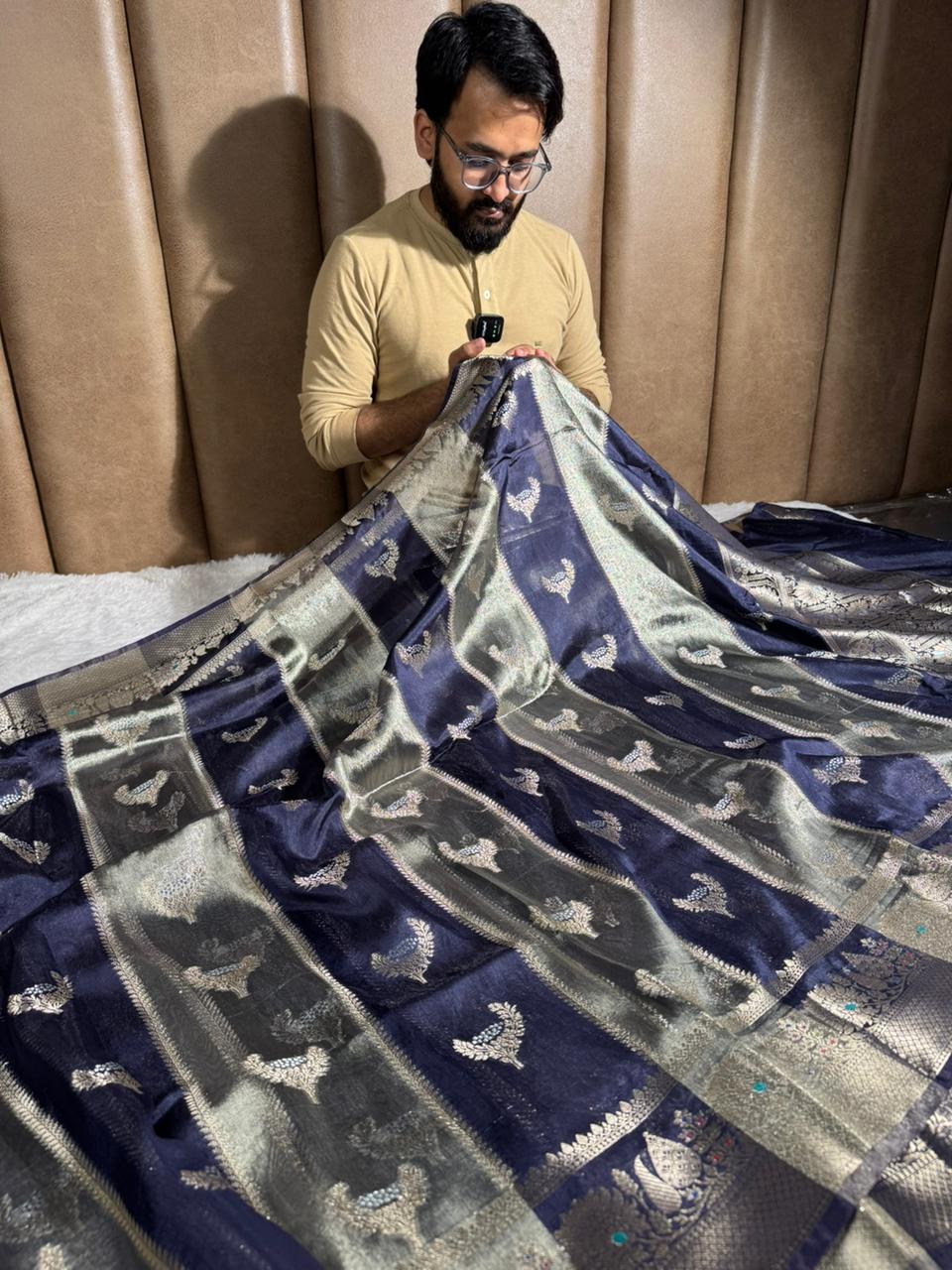 Navy Blue Rare Chinia Tissue Heritage Banarasi Saree