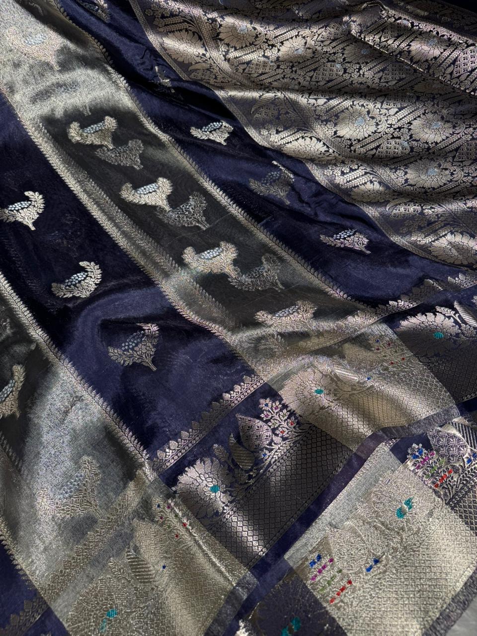 Navy Blue Rare Chinia Tissue Heritage Banarasi Saree