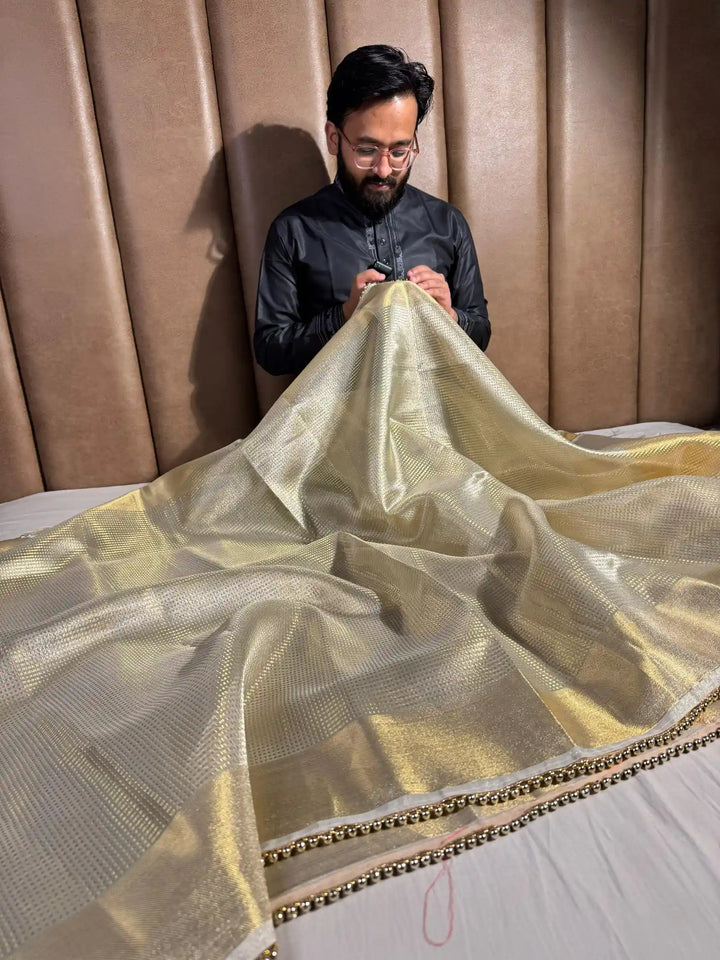 Nayanthara Mam Inspired Tissue Silk Saree with Lace Moti Work
