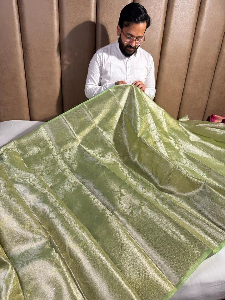 Neon Green Glass Tissue Silk Banarasi Saree