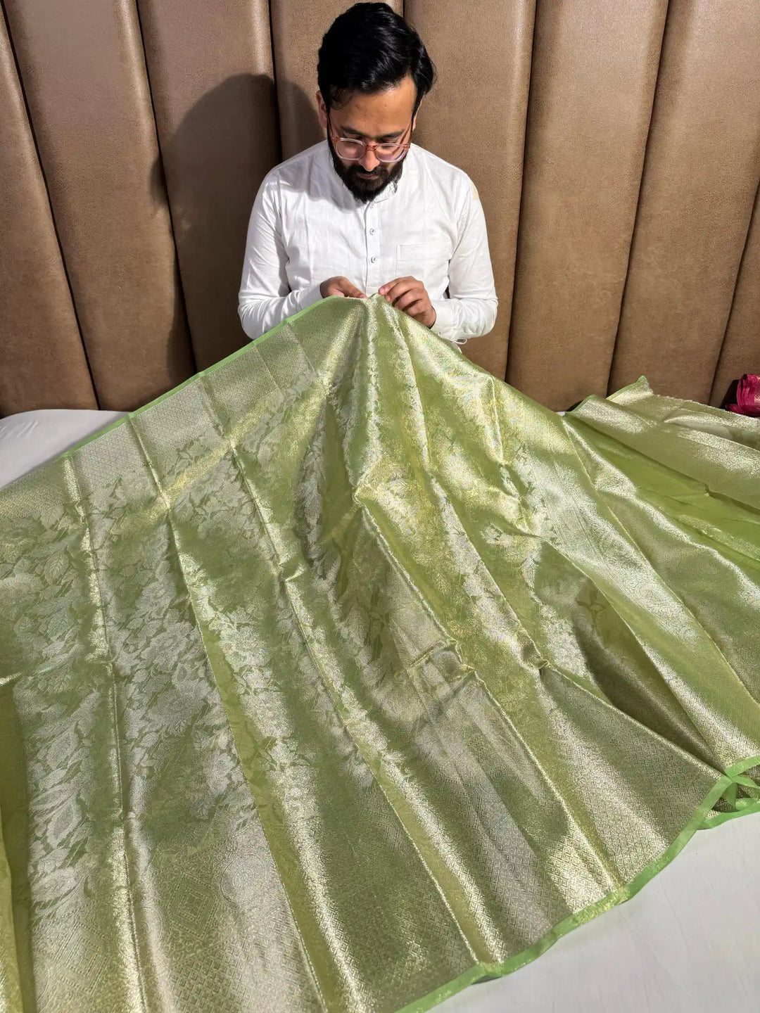 Neon Green Glass Tissue Silk Banarasi Saree