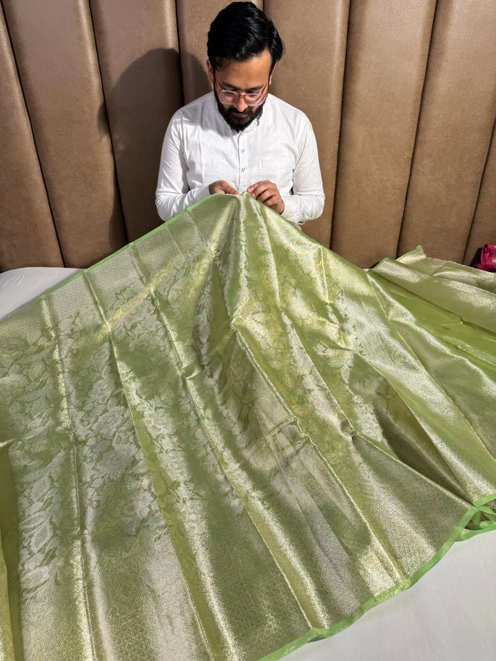 Neon Green Glass Tissue Silk Banarasi Saree