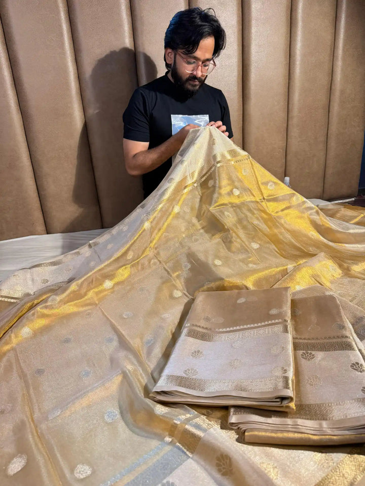 Never Seen Before Copper Tissue Silk Saree with rich pallu and blouse