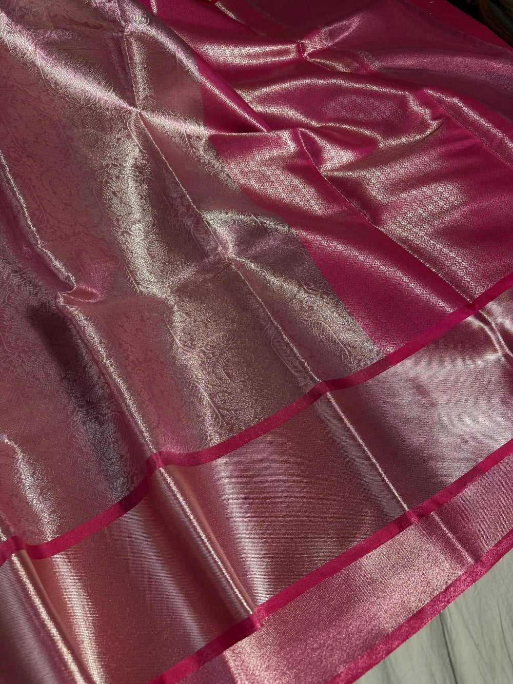 Never Seen Before pink tissue silk all over saree with rich pallu