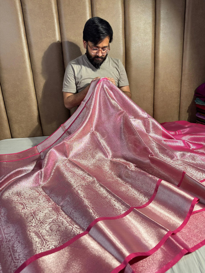 Never Seen Before pink tissue silk all over saree with rich pallu