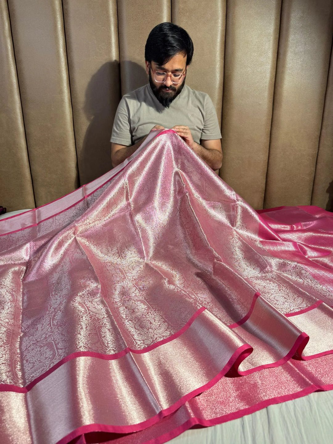 Never Seen Before pink tissue silk all over saree with rich pallu