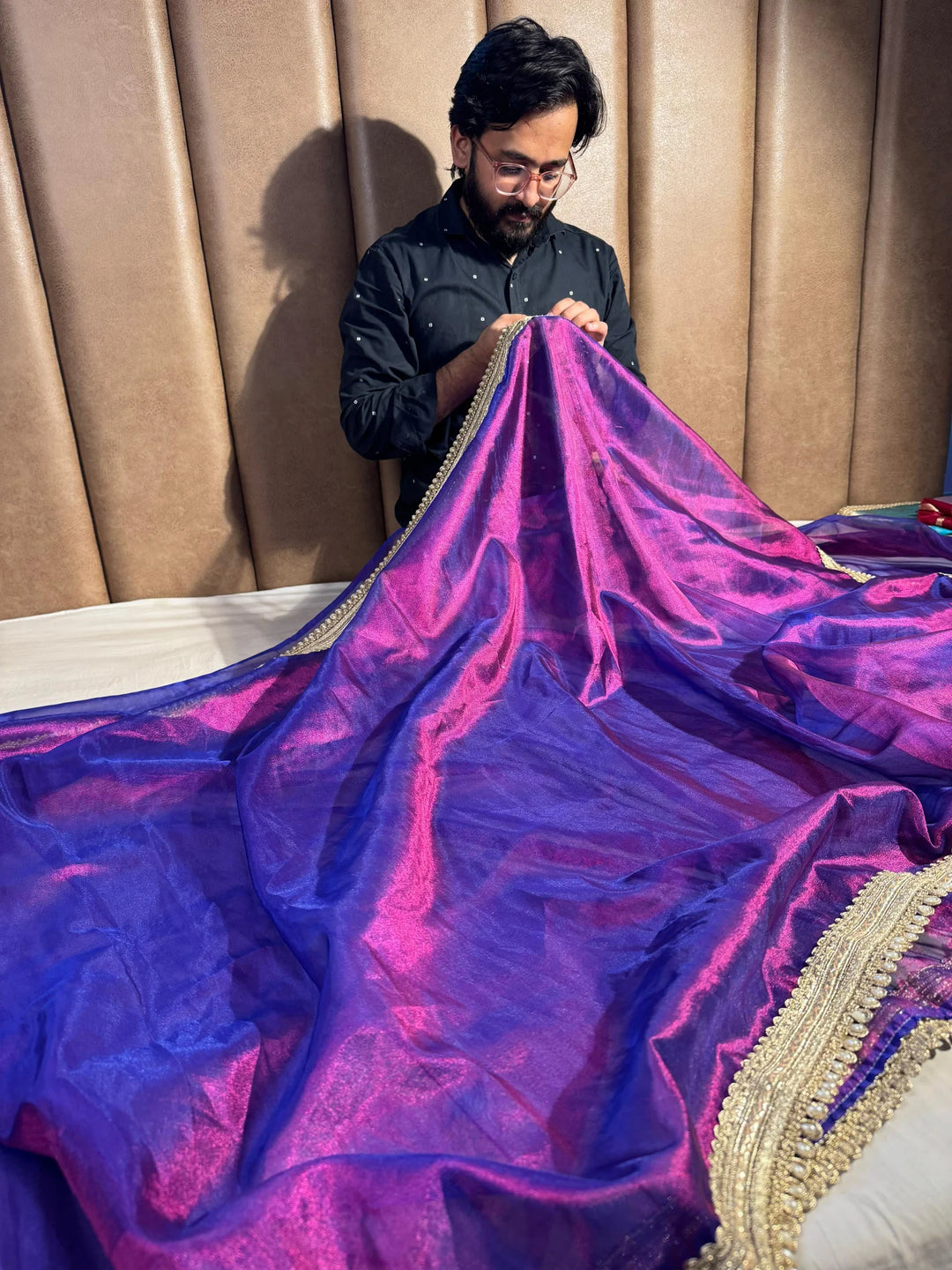Never seen before baigani premium tissue silk saree with zari pallu and blouse
