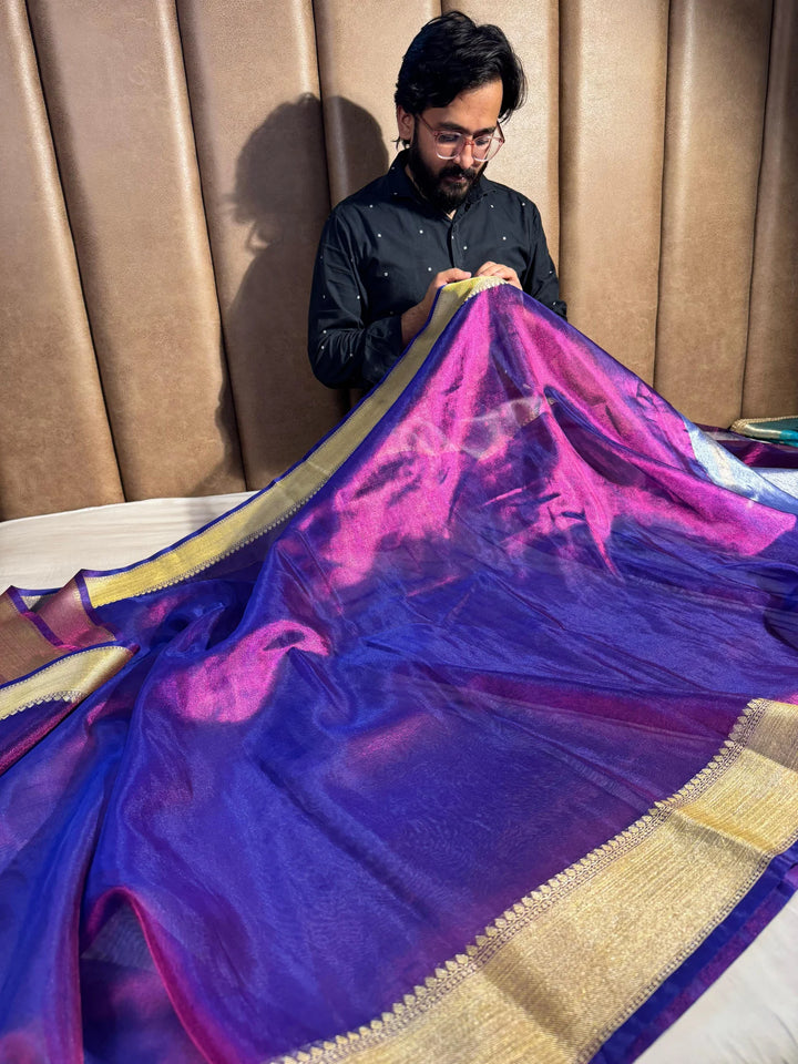 Never seen before baigani premium tissue silk saree with zari pallu and blouse