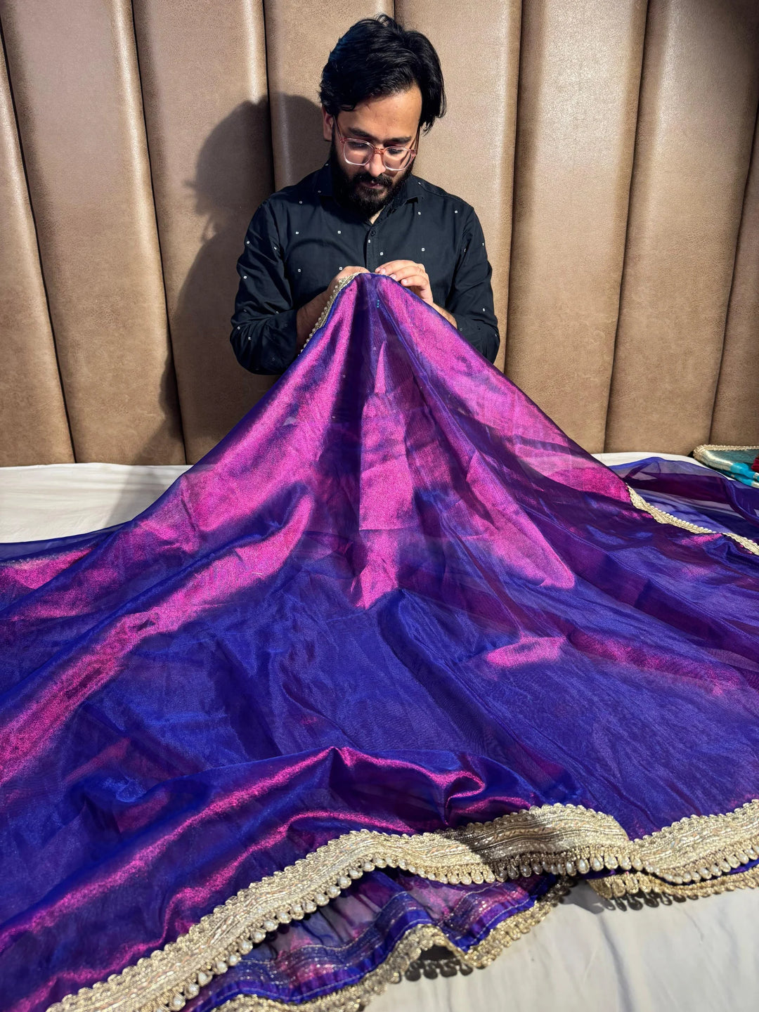 Never seen before baigani premium tissue silk saree with zari pallu and blouse