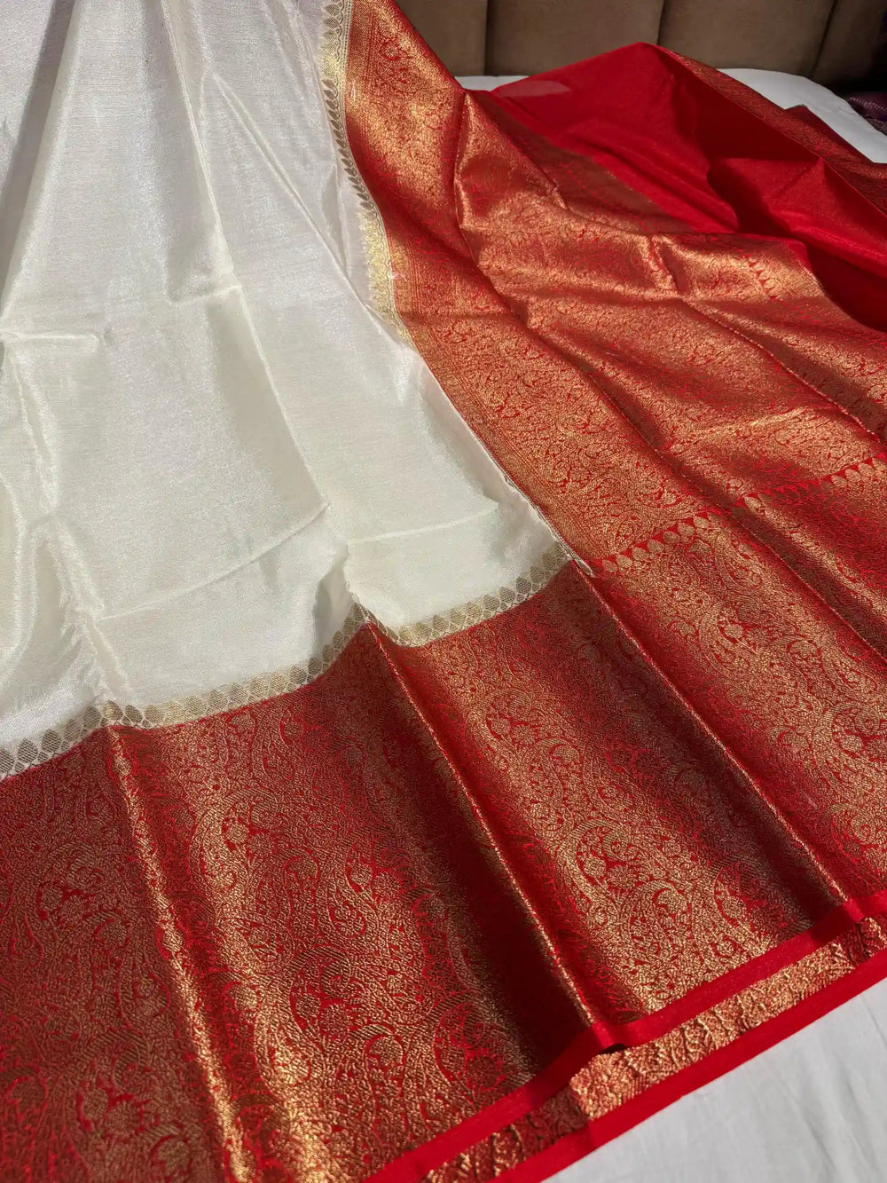 Off-White Warm Silk Banarasi Saree with Rich Pallu and Blouse