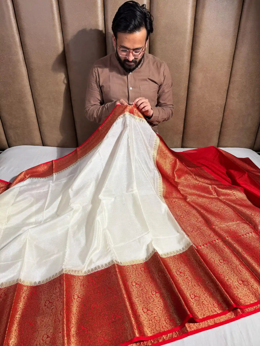 Off-White Warm Silk Banarasi Saree with Rich Pallu and Blouse