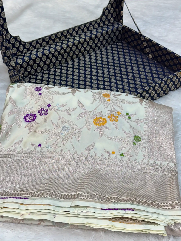 Off White Mashru Katan Silk Meenakari Intricate Weave Banarasi Saree