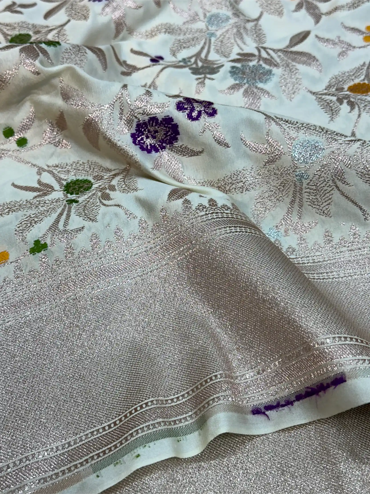 Off White Mashru Katan Silk Meenakari Intricate Weave Banarasi Saree