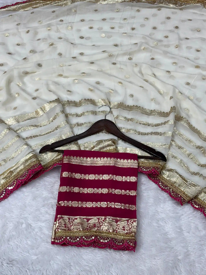Off White Viscose Georgette Designer Lace Work Banarasi Saree