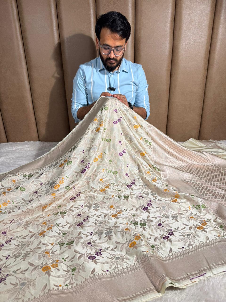 Off White Mashru Katan Silk Meenakari Intricate Weave Banarasi Saree