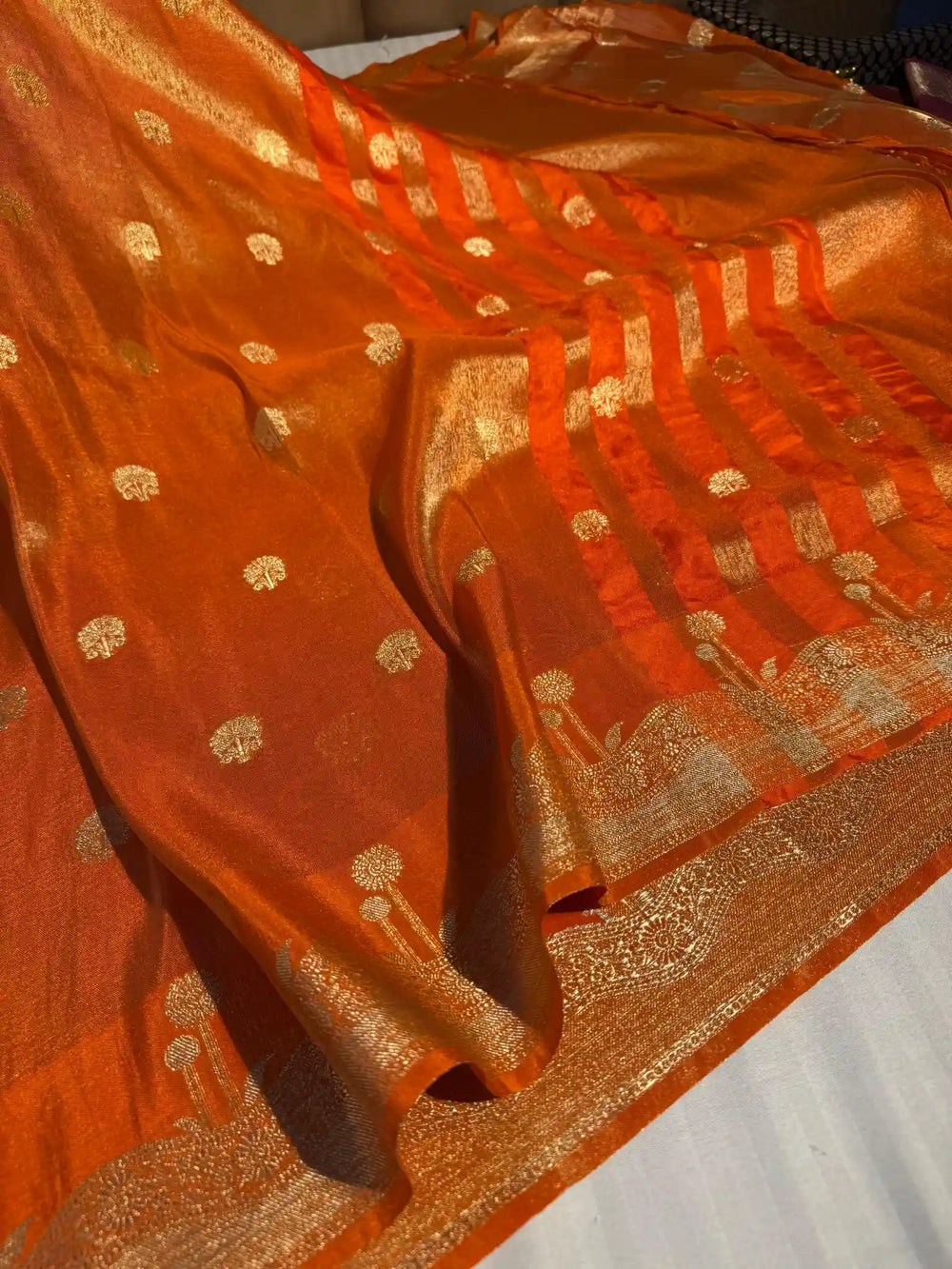 Orange Breathable Katan Tissue Silk Saree with Rich Pallu and Blouse