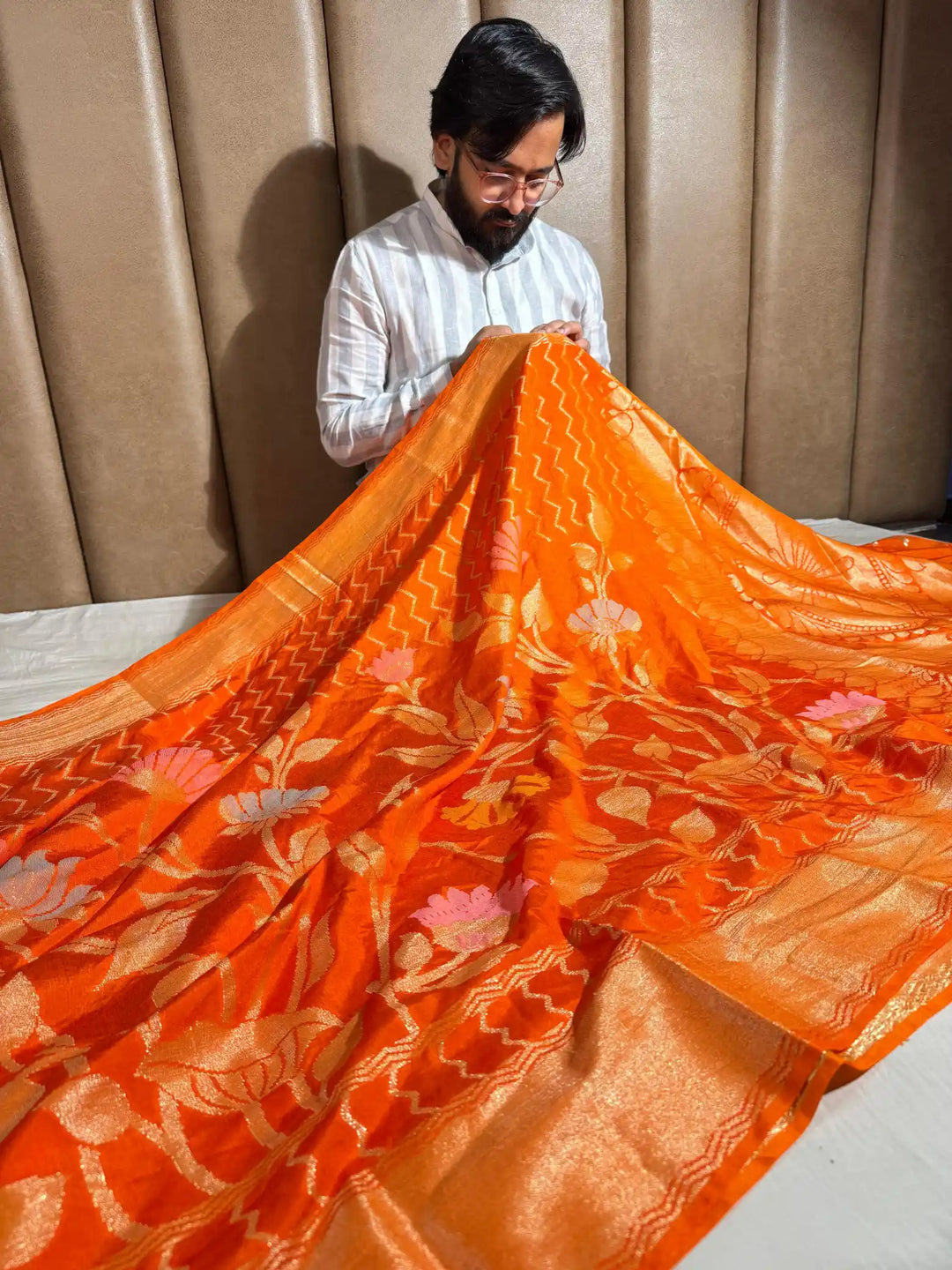 Orange Texture Banarasi Warm Silk Saree with Rich Pallu and Blouse